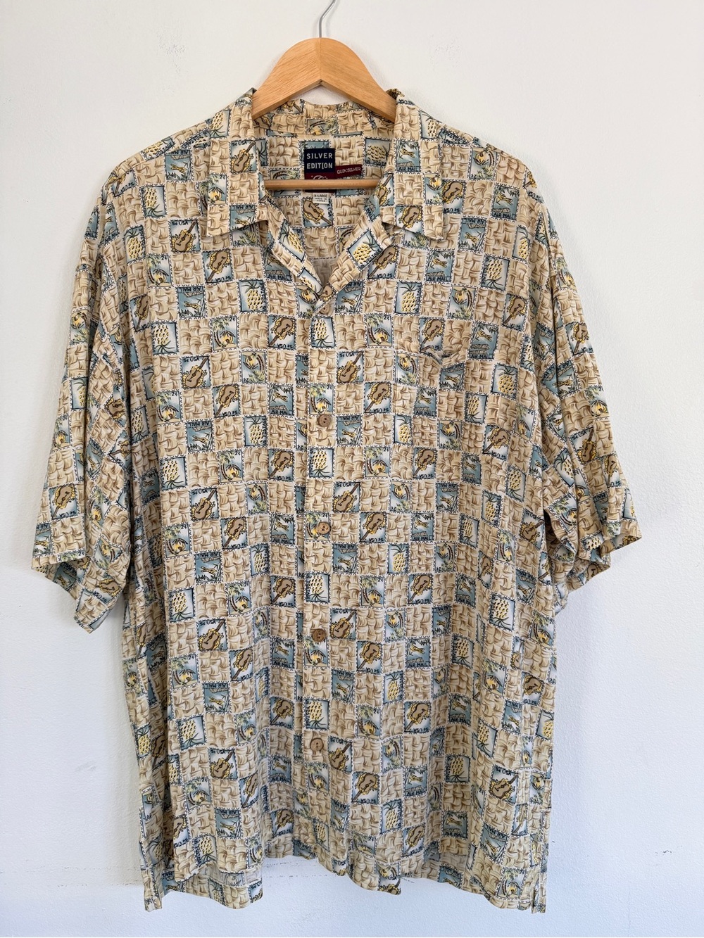 Vintage 90s Quiksilver "Silver Edition" Hawaiian Stamp Shirt Size XL